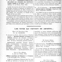 2965 - Page 2924 - Partie scientifique. L’actualité scientifique. Les Thèses. Contribution à l’étude et au traitement de l’urétrite chronique, par Dr M. -G. Parrique (Librairie Le François, Paris) / Contribution à l’étude de l’atrophie optique avec excavation sans hypertension oculaire (maladie de de Graefe), par Dr E. Lévy (Jouve et Cie, éditeurs, Paris, 1932) / Les travaux récents de médecine légale en Allemagne, par Dr G. Schreiber (Imprimerie Elie Mazel, Largentière, Ardèche) / Les livres qui viennent de paraître...