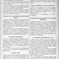 3024 - Page 2983 - Partie Scientifique. L’Actualité Scientifique. Les Sociétés Savantes. Paris. Société française de phoniatrie. L’influence de l’amygdalectomie bilatérale chez les barytons ténorisants / Insuffisance vélo-palatine et végétations adénoïdes (avec radiographies) / La fonction de la trompe d’Eustache dans les divisions palatines / Les étiologies du bégaiement / La fatigue vocale / Quelques définitions du lexique de phoniatrie / Le chevrotement de la voix chantée et son traitement rééducateur / Les phénomènes réactionnels de la voix