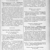 3026 - Page 2985 - Partie Scientifique. L’Actualité Scientifique. Les Livres. L’année thérapeutique Médicaments et procédés nouveaux, par Docteur Ravina, Masson et Cie, éditeurs, Paris, Septième année 1932 / Les stérois irradiés en thérapeutique, par Docteur Germaine Dreyfus-Sée, Librairie Baillière et Fils, éditeurs, Paris / Les livres qui viennent de paraître…