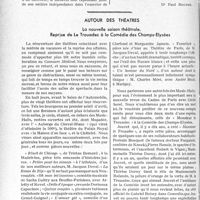 3095 - Page 3054 - Partie Professionnelle, Hygiène, Assistance, Mutualité, Intérêts corporatifs, Variétés. Travaux Originaux. Chronique. Louage de services - Médecin de sanatorium – Contrat à durée déterminée – Brusque renvoi. Cour d’appel de Rennes (1ere chambre) 30 mai 1933 [Dr Paul Boudin] / Autour des théâtres. La nouvelle saison théâtrale. Reprise de Le Trouadec à la Comédie des Champs-Elysées