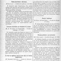 3143 - Page 3102 - Partie Scientifique. L’Actualité Scientifique. Les Sociétés Savantes. Paris. Hydro-pancréatose calculeuse, (Académie de médecine ; 3-10-1933) / Occlusion intestinale par séminome de l’ovaire, (Société de chirurgie ; 5-7-1933) / Le rôle du ligament rond du foie dans les hernies épigastriques, (Société de chirurgie ; 5-7-1933) / Torsion épiploïque, (Société de chirurgie ; 5-7-1933) / Pneumo-péritoine poste-opératoire, (Société de chirurgie ; 12-7-1933)