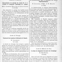 3212 - Page 3171 - Partie Scientifique. L'Actualité Scientifique. Les Sociétés Savantes. Paris. Académie de Médecine. Démonstration du passage du vaccin B. C. G. à travers la muqueuse intestinale de l’enfant, 17-10-1933 / Société de Chirurgie. Traitement des luxations récidivantes de l’épaule, 12-7-1933 / La phrénicectomie dans le traitement des hernies diaphragmatiques, 5-7-1933 / Société de Médecine de Paris. A propos du diagnostic du cancer de l’oesophage, 9-6-1933