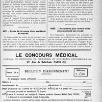 3228 - Page XLIII-3187 - Mutualité Familiale et Professionnelle du Corps Médical Français. Indemnités maladies accidents — retraites — pensions aux veuves. Demande de renseignements / Droits de la veuve d’un accidenté du travail / Honoraires pour contre-visite d’un accidenté du travail / Le concours médical. Bulletin d'abonnement