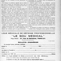 3230 - Page XLV-3189 - Le concours médical. Assurances sociales. Signature sur la feuille de l’acquit non effectué des honoraires médicaux. Sanctions / Ligue médicale de défense professionnelle, “Le sou médical”. Bulletin d’adhésion
