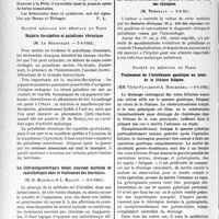 3265 - Page 3224 - Partie Scientifique. L’Actualité Scientifique. Les Sociétés Savantes. Paris. Société de chirurgie. Un cas de masque ecchymotique de la face, 12-7-1933 / Société médicale des hôpitaux de Paris. Malaria-floculation et paludisme chronique, 2-6-1933 / La téléroentgenthérapie totale, nouvelle méthode de radiothérapie dans le traitement des leucémies, 2-6-1933 / La malaria-floculation de Henry ; étude de cent cas cliniques, 2-6-33 / Société de médecine de Paris. Traitement de l’intolérance gastrique au cours de la lithiase biliaire, 9-6-1933