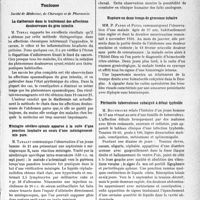 3266 - Page 3225 - Partie Scientifique. L’Actualité Scientifique. Les Sociétés Savantes. Paris. Société de médecine de Paris. Traitement de l’intolérance gastrique au cours de la lithiase biliaire, 9-6-1933 / Toulouse. Société do Médecine, de Chirurgie et de Pharmacie. La diathermie dans le traitement des affections douloureuses du gros intestin / Méningite cérébro-spinale apparue à la suite d’une ponction lombaire au cours d’une méningococcémie pure / Rupture en deux temps de grossesse tubaire / Péritonite tuberculeuse subaiguë à début typhoïde