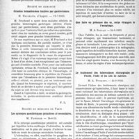3331 - Page 3290 - Partie Scientifique. L’Actualité Scientifique. Les Sociétés Savantes. Paris. Académie de médecine. Prévention de la syphilis par les injections de bismuth, 10-10-1933 / Société de chirurgie. Grandes hématémèses traitées par gastrectomie, 12-7-1933 / Société de médecine de Paris. Les syncopes anesthésiques primitives et secondaires, 24-6-33 / Que faire en présence des os, corps étrangers de l’oesophage, 24-6-1933 / Le traitement des tuberculoses chirurgicales par l’huile, l’iode et les sels de calcium, 24-6-1933