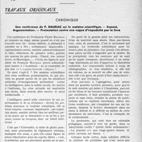 3478 - Page 3437 - Partie Professionnelle, Hygiène, Assistance, Mutualité, Intérêts corporatifs, Variétés. Travaux Originaux. Chronique. Une conférence de P. Mauriac sur le malaise scientifique. — Exposé. Argumentation. — Protestation contre une vague d’impudicité par le livre [G. Duchesne]