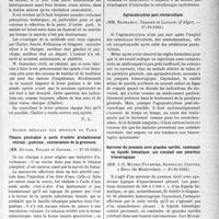 3538 - Page 3497 - Partie scientifique. L’actualité scientifique. Les Sociétés Savantes. Paris. Société de chirurgie. Le lever précoce en chirurgie abdominale, (18-11-1933) / Société médicale des hôpitaux de Paris. Tétanos généralisé à porte d’entrée probablement vésicale ; guérison ; continuation de la grossesse, (27-10-1933) / Agranulocytose poste-stovarsolique, 27-10-1933) / Sarcome du poumon avec grandes cavités, contenant un liquide hématique, qui simulait une pleurésie hémorragique, (27-10-1933)