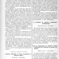 3675 - Page 3634 - Partie scientifique. L’actualité scientifique. Les Sociétés Savantes. Paris. Société médicale des hôpitaux de Paris. Pleurésie séro-fibrineuse et arthrite aiguë non tuberculeuse, consécutives à une méningite lymphocytaire curable, (27-10-1933) / Société de médecine de Paris. Comment déterminer la valeur fonctionnelle du ventricule gauche, (13-10-1933) / Le formulaire de l’injection intrapulmonaire transthoracique, (13-10-1933) / Essai de thérapeutique des chéloïdes et cicatrices chéloïdiennes par l’ionisation au chlorure de magnésium, (24-10-1933)