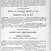 3754 - Page 3713 - Partie professionnelle, Hygiène, Assistance, Mutualité, Intérêts corporatifs, Variétés. Faculté de médecine de Paris. Enseignement et actes de la Faculté / Hôpitaux de l'assistance publique de Paris. Enseignement, concours, avis divers / Reportage professionnel. Nouvelles et informations, (Voir les Dernières Nouvelles en tête des Demi-Colonnes). Nécrologie [Docteur Rochier, Docteur Decais, Madame Henri Hamant] / Liste de préventoriums et sanatoriums en France / Congrès de médecine de Tunis