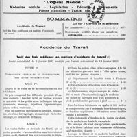 3884 - Page 5065 - Supplément documentaire, "L’Officiel Médical". Médecine sociale - Législation - Décrétés - Règlements - Pièces officielles - Tarifs, etc / Sommaire / Accidents du Travail. tarif des frais médicaux en matière d’accidents du travail. Arrêté ministériel du 5 février 1932 modifié par l’arrêté ministériel du 13 février 1933