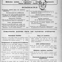 3916 - Page 5097 - Supplément documentaire, “L'Officiel Médical". Médecine sociale - Législation - Décrets - Règlements - Pièces officielles - Tarifs, etc / Sommaire / Documents publiés dans les numéros ordinaires. Assurances Sociales / Enseignement et exercice de la médecine / Baux et Locations / Lutte antituberculeuse / Médecine sanitaire maritime / Pensionnés de guerre et anciens combattants