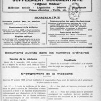 3948 - Page 5129 - Supplément documentaire, "L'Officiel Médical". Médecine sociale - Législation - Décrets - Règlements - Pièces officielles - Tarifs, etc / Sommaire / Documents publiés dans les numéros ordinaires. Exercice de la médecine / Stupéfiants / Enseignement de la médecine. Décret du 19 octobre 1933 portant institution et organisation d'une école de médecine et de pharmacie de plein exercice à Hanoï