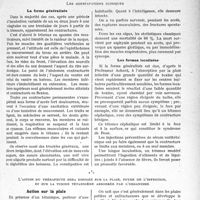 0092 - Page 85 - Partie scientifique. Travaux originaux. La clinique au goût du jour. Le tétanos est déclaré : nos moyens d’action actuels, d’après les travaux du Professeur Achardet ceux du Professeur agrégé Andrieu. Les constatations cliniques. La forme généralisée / Les formes localisées / L’action du thérapeute sera dirigée sur la plaie, foyer de l’infection, et sur la toxine tétanigène absorbée par l’organisme. Action sur la plaie