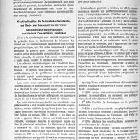 0093 - Page 86 - Partie scientifique. Travaux originaux. La clinique au goût du jour. Le tétanos est déclaré : nos moyens d’action actuels, d’après les travaux du Professeur Achardet ceux du Professeur agrégé Andrieu. L’action du thérapeute sera dirigée sur la plaie, foyer de l’infection, et sur la toxine tétanigène absorbée par l’organisme. Action sur la plaie / Neutralisation de la toxine circulante, on fixée sur les centres nerveux