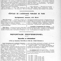 0202 - Page 191 - Partie professionnelle. Faculté de médecine de Paris. Enseignement et actes de la Faculté / Hôpitaux de l’assistance publique de Paris. Enseignement, concours, avis divers / Reportage professionnel. Nouvelles et Informations, (Voir les Dernières Nouvelles en tête des « Demi-Colonnes »). Congrès international de la médecine d’assurance-vie / La statistique du P. C. B. (ex P. C. N)