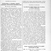 0254 - Page 237 - Partie scientifique. L’actualité scientifique. Les sociétés savantes. Paris. Académie des sciences. Streptococcémies et méningites suppurées à streptocoques : Action dusérum antistreptococcique, (26-12 1934) / Académie de médecine. La notion des angines banales chez les porteurs de bacilles diphtériques, (18-12-1934) / Formes uniquement humorales de la syphilis expérimentale du lapin, (27-11-1934)