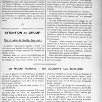 0272 - Page 255 - Partie professionnelle. Travaux originaux. Jurisprudence. La vaccination antidiphtérique dans le Morbihan. Attention au croup. Pères et mères de famille, lisez ceci / Un record mondial - les accidents aux États-Unis. En Grande-Bretagne [Ph. Dally]