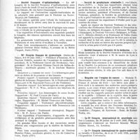 0427 - Page 400 - Partie professionnelle. Reportage professionnel. Nouvelles et Informations, (Voir les Dernières Nouvelles en tête des " Demi-Colonnes "). Société Française d’ophtalmologie / IVe Congrès Français de gynécologie / Société de prophylaxie criminelle / Société Française d’histoire de la médecine / Enquête sur l’origine du cancer / Le IIe Congrès international de neurologie / Le Ier Congrès international de gastro-entérologie i