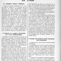 0800 - Page 699 - Partie scientifique. L'actualité scientifique. La Presse. Les encéphalites humaines épidémiques [(La Presse Médicale, 8 décembre 1934)] / Le traitement de la maladie de Heine-Médin par le sérum antipoliomyélitique [(Toulouse Médical, 15 novembre 1934)] / Le drainage sous-occipital des lésions traumatiques cranio-encéphaliques [(La Presse Médicale, 8 décembre 1934)]