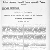 0816 - Page 707 - Partie professionnelle. Travaux originaux. Bulletin de l'Actualité. L’exercice de la médecine en France par les étrangers. La proposition de loi Dommange.. Prophétie pour 1940 [G. Lavalée]