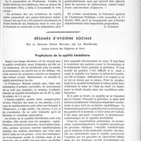 0838 - Page 719 - Partie professionnelle. Travaux originaux. Sou médical. La prophylaxie de la tuberculose chez les étudiants en médecine et les infirmières. Un vœu de la Société médicale des hôpitaux de Paris [G. Fischer] / Résumés d’hygiène sociale, par le Docteur Pierre Maurel. Prophylaxie de la syphilis héréditaire