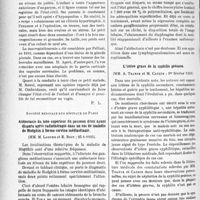 0985 - Page 842 - Partie scientifique. L'actualité scientifique. Les Sociétés Savantes. Paris. Société de chirurgie. Un macrogénitosome gynandre, (6-2-35) / Société médicale des hôpitaux de Paris. Atélectasie du lobe supérieur du poumon droit ayant disparu après radiothérapie dans un cas de Maladie de Hodgkin à forme cervico-médiastinale, (25-1-1935) / L’ictère grave de la syphilis précoce, (1er février 1939)