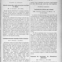 1140 - Page 975 - Partie scientifique. L’actualité scientifique. Les Sociétés Savantes. Paris. Académie de médecine. Action des rayons ultra-violets sur les virus herpétique et rabique, (29-1-1935) / Lymphogranulomatose inguinale et bubon climatique, (5-2-1935) / Société de chirurgie. Traitement des brûlures par le tannin, (16 et 30-1-1935) / Traitement des hémorragies des fibromateuses pléthoriques, (16-1-1935)