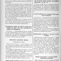 1207 - Page 1040 - Partie scientifique. L’actualité scientifique. La presse. Lille. Société médicale et anatomo-clinique. Syndromes parathyroïdiens / Développement exagéré de toutes les cavités pneumatiques du crâne et de la face (présentation de malade et de radiographies) / Splénectomie pour anémie splénique / Fistule salivaire parotidienne guérie par la résection du nerf auriculo-temporal / Sur l’emploi d’un nouvel agent de défécation des liquides biologiques : application à l’étude analytique du liquide céphalo-rachidien, des exsudats et transsudats, du lait, etc… / Les formes traînantes de la méningite cérébro-spinale chez le nourrisson / Streptococcémie consécutive à une cure de hernie étranglée / Syphilis et gastropathies ; à propos de quelques observations personnelles