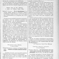 1212 - Page 1045 - Partie scientifique. L’actualité scientifique. Les Livres. Les adhérences, par Victor-Pauchet et H. Gaehlinger, Gaston Doin et Cie, éditeurs, Paris (6e), 1931 / Vie et rajeunissement, par Docteur F. Cavazzi, Gaston Doin et Cie, éditeurs, Paris, 1934 / Éléments de matière médicale homéopathique, par Docteur Paul Chiron, Peyronnet et Cie, éditeurs / Le traitement des voies respiratoires par les injections intra-trachéales et intra-pulmonaires, par Docteur J. Bayard, Librairie médicale Française