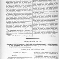 1233 - Page 1066 - Partie professionnelle. Chronique fiscale. L’exposition des humoristes / Proposition de loi ayant pour objet de compléter l’article 6 de la loi du 10 août 1927 « sur la nationalité» en vue d’interdire aux naturalisés l’exercice de la médecine pendant dix ans à compter du décret de naturalisation, Présentée par M. René Dommange
