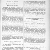 1366 - Page 1191 - Partie scientifique. L'Actualité scientifique. Les Sociétés Savantes. Paris. Académie de médecine. Récidives tardives du cancer, (26-2-1935) / Considérations cliniques et thérapeutiques sur le bégaiement, (26-2-1935) / Les chancres syphilitiques hypertrophiques de réinoculation, (26-2-1935) / Société de chirurgie. Le tétanos des brûlés. Un appel en faveur de la vaccination antitétanique, (30-1-1935)