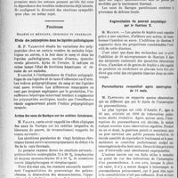 1369 - Page 1194 - Partie scientifique. L'Actualité scientifique. Les Sociétés Savantes. Paris. Société de médecine militaire Française, Séance du 14 février 1935. Les réactions vaccinales bénignes au cours des vaccinations associées. Étude clinique / Acrocyanose et syndrome de Basedow / Toulouse. Société de médecine, chirurgie et pharmacie. Étude des polypeptides dans les liquides pathologiques / Action des eaux de Barèges sur les ostéites fistuleuses / Augmentation du pouvoir amylotique par le thorium X / Pneumothorax reconstitué après interruption de 18 mois