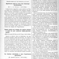 1449 - Page 1256 - Partie scientifique. L’actualité scientifique. Les Sociétés Savantes. Paris. Académie de médecin. Injections sous-cutanées d’eau physiologique contre les morsures de vipères, (19-3-1935) / Société médicale des hôpitaux de Paris. Hypertension aiguë au cours d’une hémorragie protubérantielle, (23-11-1934) / Diabète bronzé avec atrophie des organes génitaux et chute des poils (syndrome hépato-pancréato-génital), (23-11-1934) / Les réactions individuelles à type d’hypertension paroxystique, (30-11-1934)