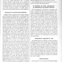 1452 - Page 1257 - Partie scientifique. L’actualité scientifique. Les Sociétés Savantes. Paris. Société des chirurgiens de Paris, Séance du 1er février 1935. Greffe ankylosante du rachis pour mal de Pott / Technique de la résection gastro-duodénale / Le traitement par greffes ostéoplastiques des destructions de la mâchoire inférieure / Pseudarthrose congénitale du tibia / Cholécystostomie
