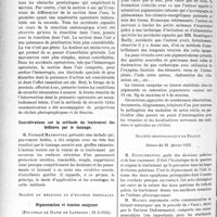 1453 - Page 1258 - Partie scientifique. L’actualité scientifique. Les Sociétés Savantes. Paris. Société des chirurgiens de Paris, Séance du 1er février 1935. Des conditions de sécurité au cours du forage de la prostate ou résection endoscopique de la prostate / Considérations sur la méthode du traitement des brûlures par le tannage / Société de médecine et d’hygiène tropicales. Pigmentation et tension sanguine, (21-3-1935) / Société odontologique de France, Séance du 26 février 1935
