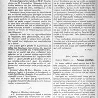 1639 - Page 1412 - Partie professionnelle, Hygiène, Assistance, Mutualité, Intérêts corporatifs, Variétés. Revue bibliographique. Aux confins de la médecine : Libres échanges, par Pierre Mauriac (Édit. Bernard Grasset, Paris) [J. Noir] / Faisceau scientifique, par Docteur Dartigues, Doin, éditeur, Paris [J. Noir]