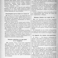 1697 - Page 1466 - Partie scientifique. L'actualité scientifique. Les Sociétés Savantes. Toulouse. Société de médecine. Trois cas toulousains de fièvre exanthèmatique / Cholestérogénèse par la choline et le thorium X / Paralysies infectieuses du vago-spinal et de l’hypoglosse / Syndrome de Cl. Bernard-Horner consécutif à une phrénicectomie / Sections de brides au cours du pneumothorax / Métastase fémorale d’un cancer du sein / Du diagnostic des tumeurs recto-sigmoïdiennes / Les rapports de l’infection amygdalienne avec certaines affections douloureuses articulaires