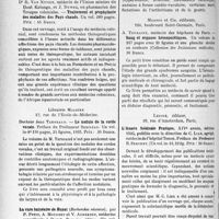 1699 - Page 1468 - Partie scientifique. L'actualité scientifique. Les Livres. Traitement et prophylaxie des maladies des Pays chauds, par Dr R. Van Nitsen et J. Duwez, Imprimerie des travaux publics, Bruxelles / Le nodule de la corde vocale, par Docteur Jean Tarneaud, Librairie Maloine 1935 / La cure balnéaire de Royat, par P. Petit, A. Mougeot et V. Aubertot / Sang et organes hémopoiétiques, par A. Touraine, Masson et Cie, éditeurs, Paris / L’Année Médicale Pratique, Lépine, éditeur, 1935