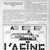 1752 - Page XI-1517 - A travers l’officiel. Réponses des ministres aux questions des parlementaires. Un établissement libre d’enseignement supérieur dentaire a le droit de recevoir des honoraires de malades non privés de ressources / Banquet de l'Association des anciens internes et externes des hôpitaux de Paris