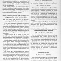 2056 - Page 1747 - Partie scientifique. Travaux originaux. Les Sociétés Savantes. Paris. Société médicale des hôpitaux de Paris. Trois cas de brucellose d’origine Paris ienne, (14-12-1934) / Néphrite azotémique mortelle après injection de cinq centigrammes d’un sel d’or intramusculaire, (21-12-1934) / Société de médecine de Paris. La conception clinique des névroses cardiaques, (29-12-1934) / Le traitement des maladies infectieuses aiguës par l’opothérapie des organes de défense, (29-12-1934) / L’ionisation thermale, (12-2-1935)