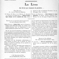 2219 - Page 1884 - Partie scientifique. L'actualité scientifique. Les Congrès. XVIe Session de l’Association Française de Médecine générale, (Avril-Mai 1935). Aptitudes familiales aux localisations morbides, par G. Blechmann. L’aptitude à la maladie / Les Livres. Les livres qui viennent de paraître… / Léonie Léon, amie de Gambetta, par Emile Pillias, Édition de la nouvelle revue Française, Paris (VIIe) / Traitement de la fièvre ondulante, par Docteur Cambessédés, J. -B. Baillière et Fils, Paris, VIe / Précis de phytothérapie, par H. Leclerc, Masson et Cie, éditeur, Paris