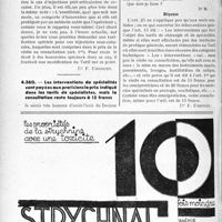 2239 - Page 1904-L - Correspondance. Application du tarif des accidents du travail. Injections périarticulaires de cocaïne / Les interventions de spécialités sont payées aux praticiens le prix indiqué dans les tarifs de spécialistes, mais la consultation reste toujours à 15 francs