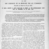 2348 - Page 2005 - Partie professionnelle. Bulletin de l’Actualité. La loi sur l’exercice de la médecine par les étrangers discutée au Sénat le 27 juin 1935