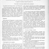 2404 - Page 2057 - Partie scientifique. Travaux originaux. La clinique au goût du jour. La « diphtérie larvée » sous forme de rhinite : méconnue, elle permet une dissémination permanente des bacilles, d’après le Docteur Louis Ramond. Une bien curieuse observation clinique