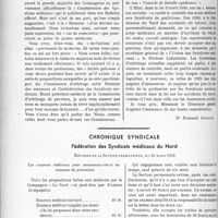 2425 - Page 2078 - Partie professionnelle. Jurisprudence. Le paiement de l’indemnité journalière dès le premier jour en matière d’accident du travail, par Je Docteur Fernand Decourt / Chronique syndicale. Fédération des Syndicats médicaux du Nord. Réunion de la Section permanente, du 28 mars 1935