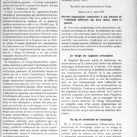 2548 - Page 2193 - Partie Scientifique. L'actualité scientifique. Les Sociétés Savantes. Paris. Société de médecine de Paris. Rôle du thymus dans la croissance et l’évolution génitale / Société des chirurgiens de Paris, Séance du 3 mai 1935. Névrose traumatique consécutive à une fracture de l’extrémité inférieure des deux radius, droit et gauche. / Le forage des épiphyses articulaires. / Un cas de diverticule de l’œsophage