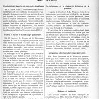 2726 - Page 2359 - Partie Scientifique. L'actualité scientifique. La Presse. L’insulinothérapie dans les ulcères gastro-duodénaux [(Le Journal médical Français, mars 1935)] / Grandeur et misère de la radiologie pulmonaire [(La Presse médicale, 15 mai 1935)] / La ménopause et le diagnostic biologique de la grossesse [(Bruxelles Médical, 26 avril 1935)] / Sur la primo-infection tuberculeuse de l’adulte [(La Pratique médicale Française, avril 1935-B)] / œdèmes et imidazols [(La Presse Médicale, 1er mai 1935)]