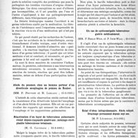 2849 - Page 2474 - Partie Scientifique. L'actualité scientifique. Les Sociétés Savantes. Paris. Société médicale des hôpitaux de Paris. Les ictères de la chimiothérapie, (15-2-1935) / Abcès du poumon chez un homme porteur d’un diverticule œsophagien de pulsion de Zenker, (15-2-1935) / Réactivation d’un foyer de tuberculose pulmonaire éteint depuis cinquante-quatre ans ; méningo-encéphalite tuberculeuse terminale, (22-2-1935) / Un cas de splénomégalie tuberculeuse guérie médicalement, (25-1-1935) / Éclat d’obus intrapulmonaire. Abcès enkysté. Drainage permanent depuis sept ans, (8-3-1935)